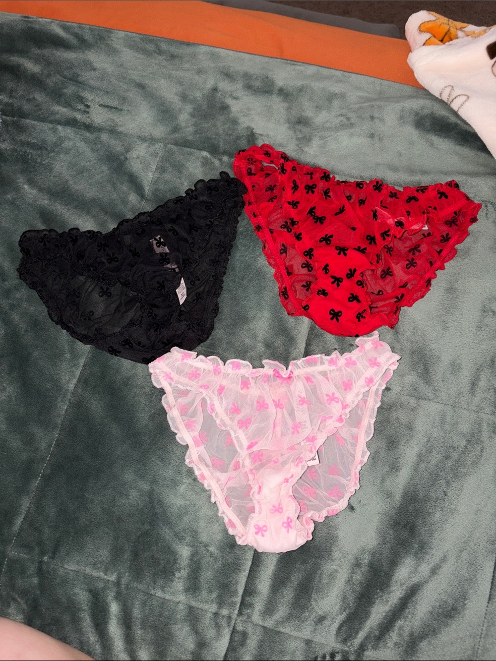 Victoria’s Secret Sheer Ruffle Bikini Briefs — Black, Red & Light Pink